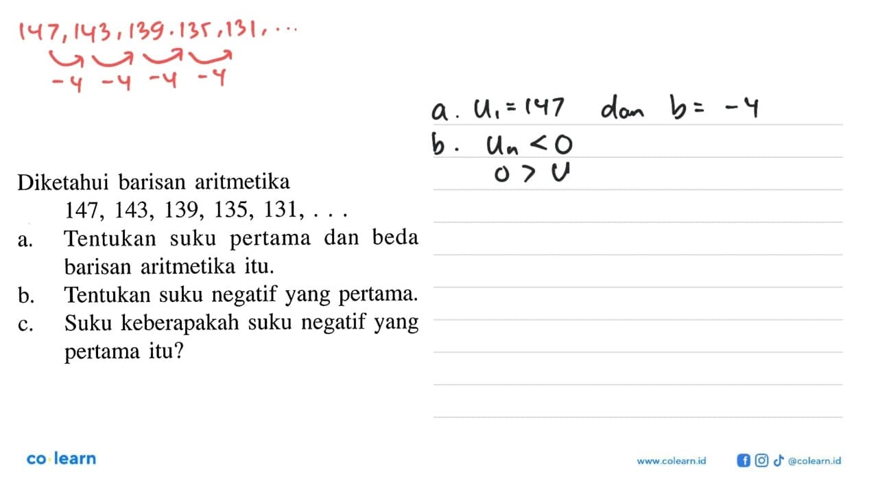 Diketahui barisan aritmetika 147,143,139,135,131, ... a.