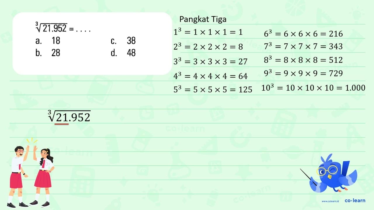 21.952^(1/3) = . . . . a. 18 c. 38 b. 28 d. 48