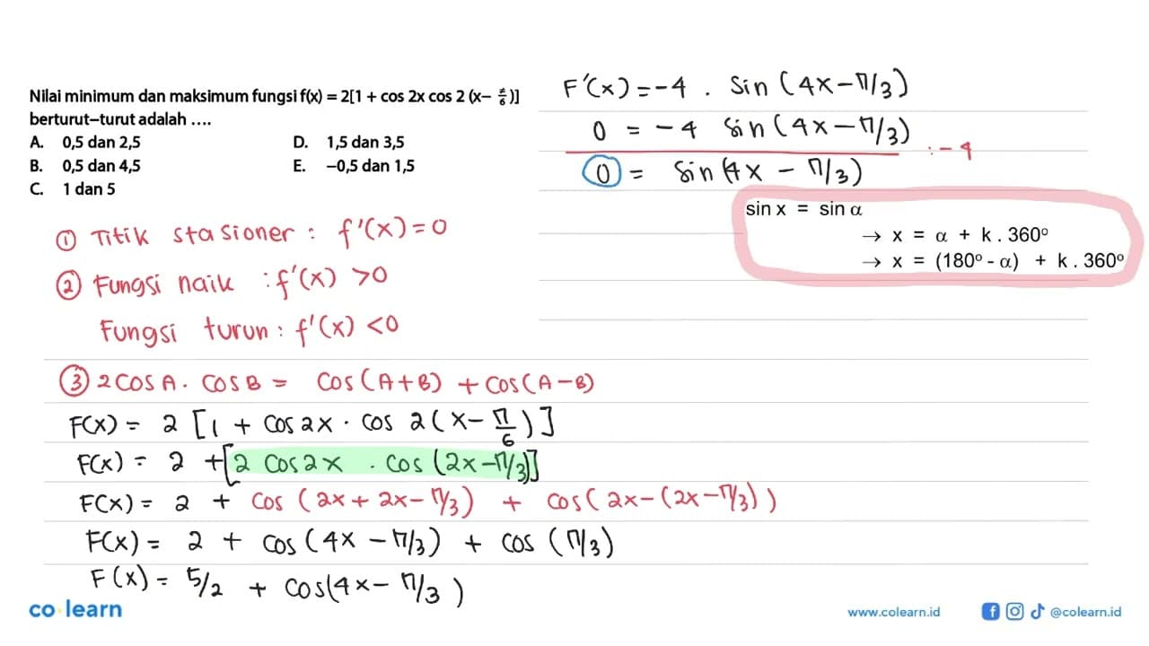 Nilai minimum dan maksimum fungsi f(x)=2[1+cos 2x cos