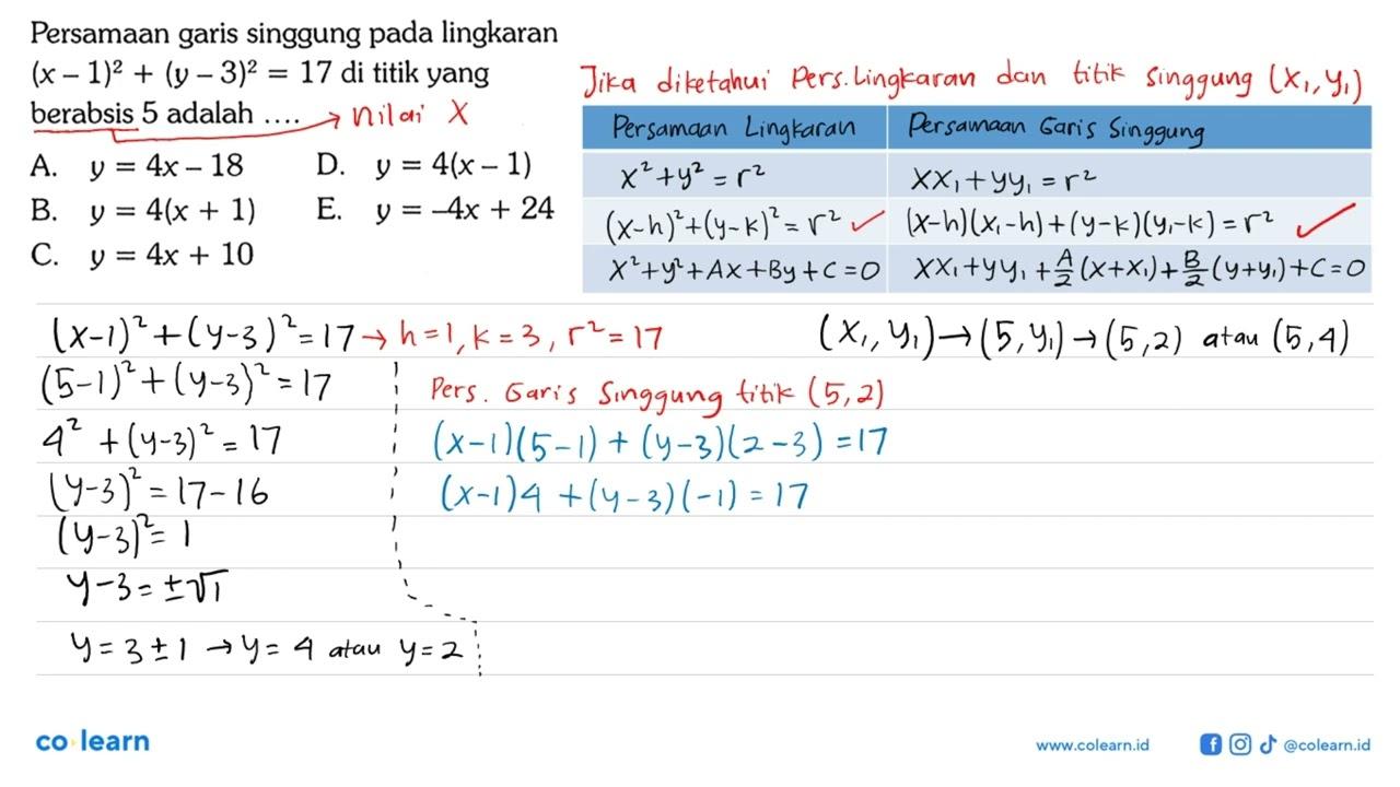 Persamaan garis singgung pada lingkaran (x-1)^2+(y-3)^2=17