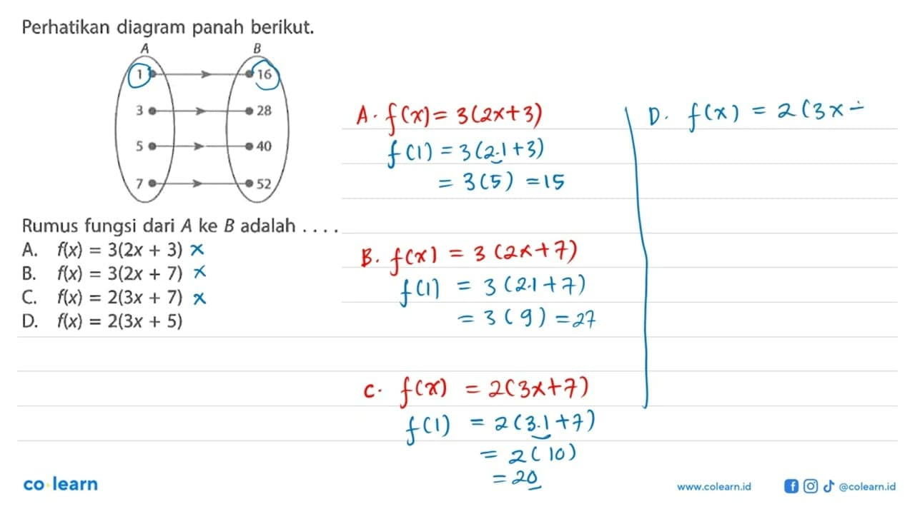 Perhatikan diagram panah berikut. A B 1 16 3 28 5 40 7 52