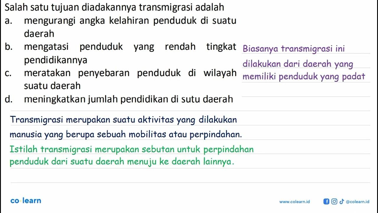 Salah satu tujuan diadakannya transmigrasi adalah a.