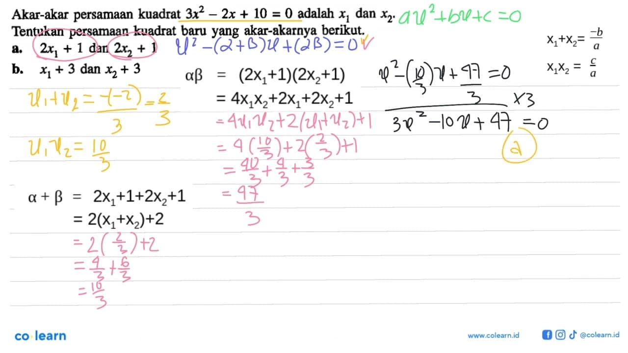 Akar-akar persamaan kuadrat 3x^2 - 2x + 10 = 0 adalah x1