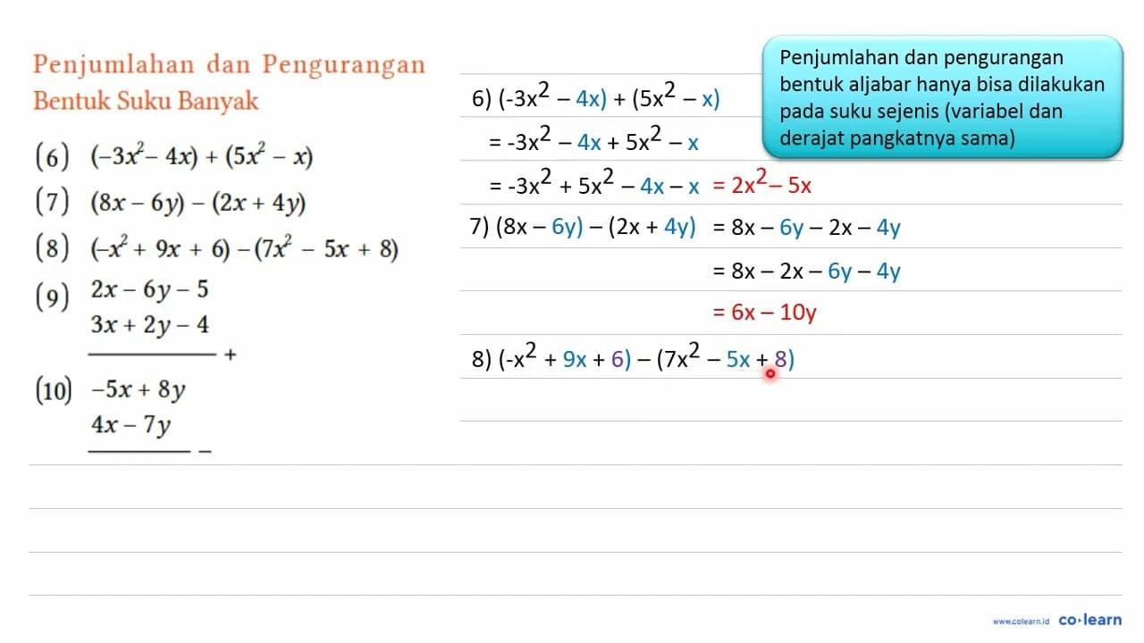 Penjumlahan dan Pengurangan Bentuk Suku Banyak (6) (-3x^2 -