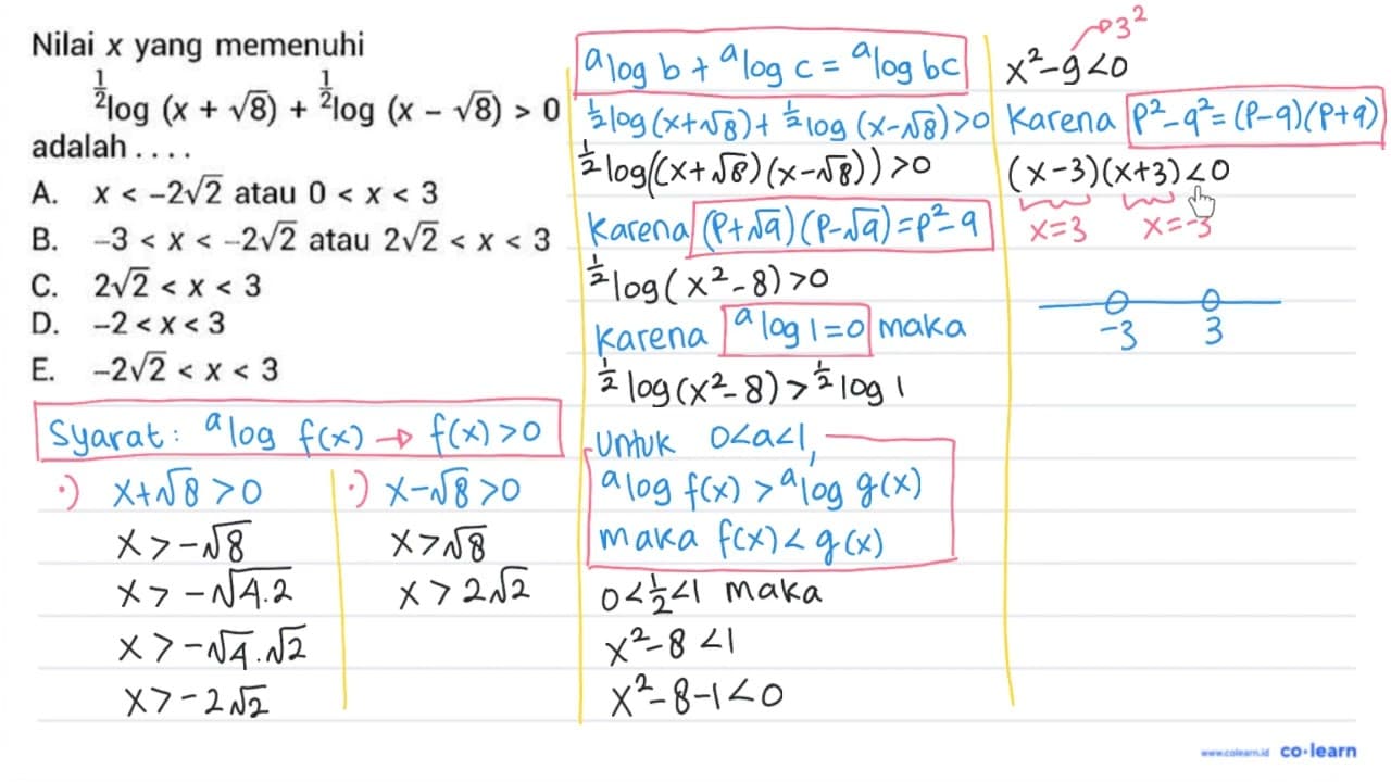 Nilai x yang memenuhi { )^((1)/(2)) log (x+akar(8))+{