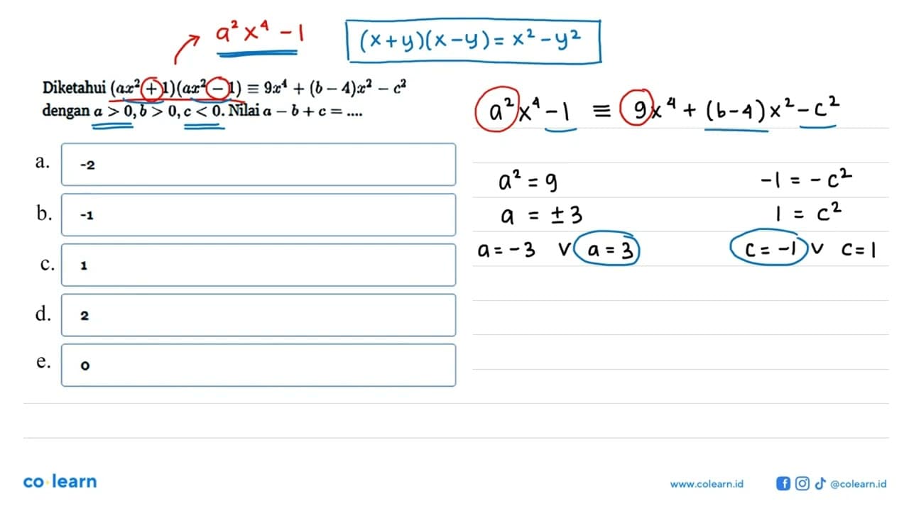 Diketahui (ax^2+1)(ax^2-1)=9x^4+(b-4)x^2-c^2 dengan a>0,