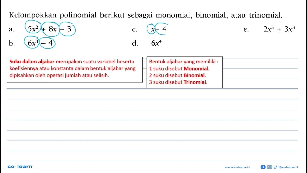 Kelompokkan polinomial berikut sebagai monomial, binomial,