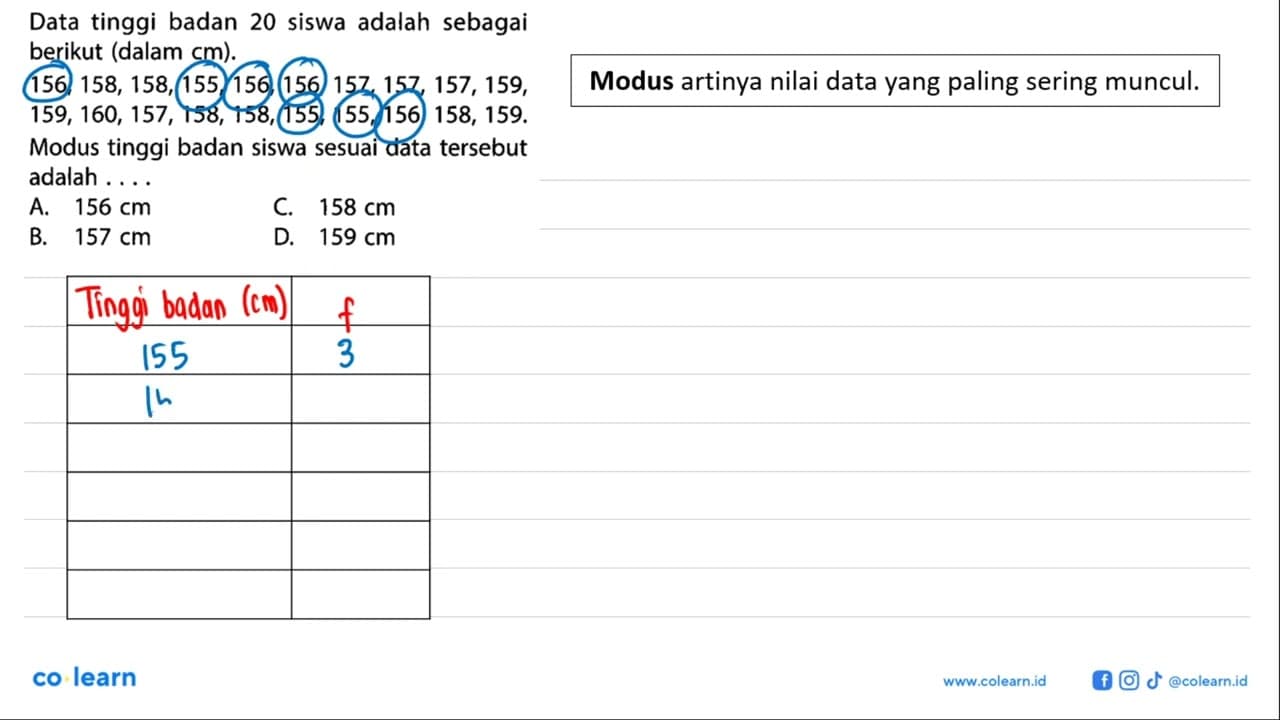 Data tinggi badan 20 siswa adalah sebagai berikut (dalam