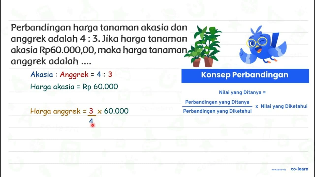 Perbandingan harga tanaman akasia dan anggrek adalah 4: 3 .