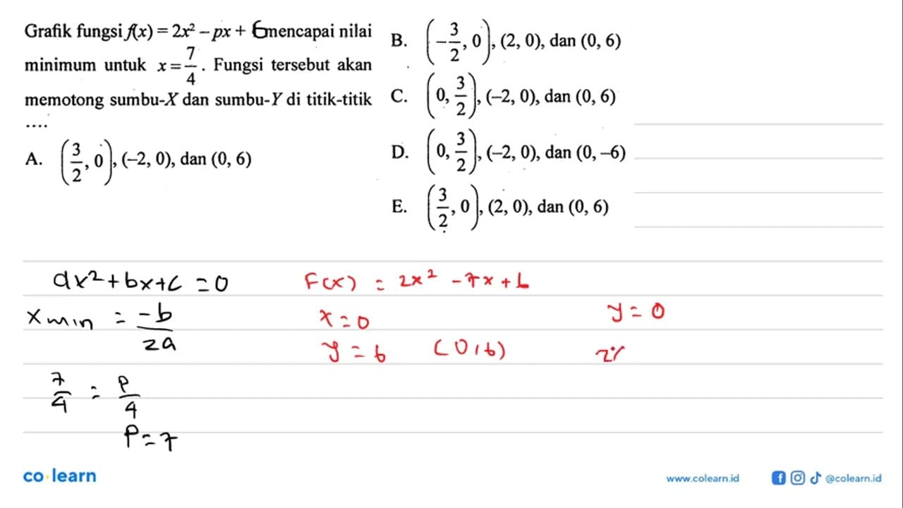 Grafik fungsi f(x)=2x^2-px+1 mencapai nilai minimum untuk