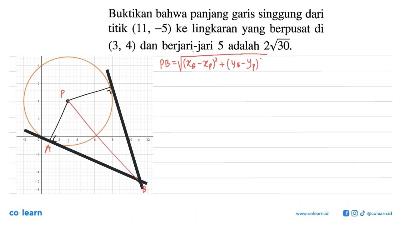 Buktikan bahwa panjang garis singgung dari titik (11,-5) ke