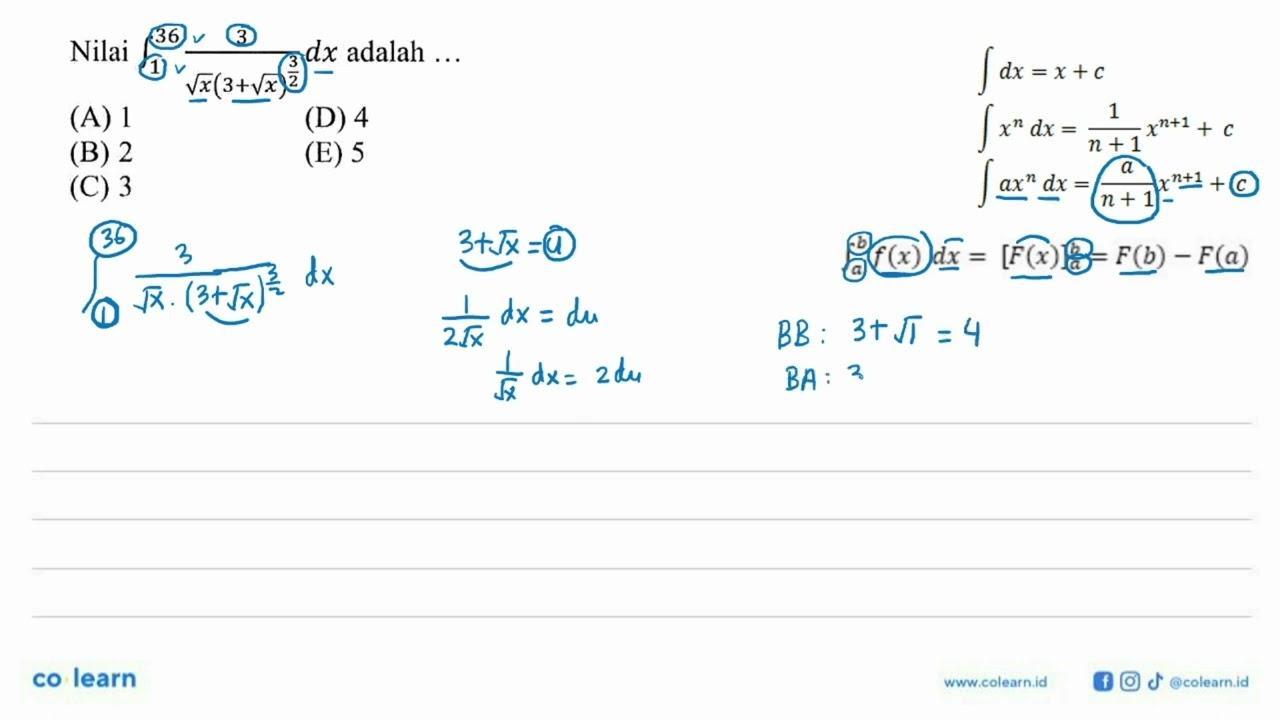 Nilai integral dari 1 36 3/(akar(x)(3+akar(x))^(3/2))) dx