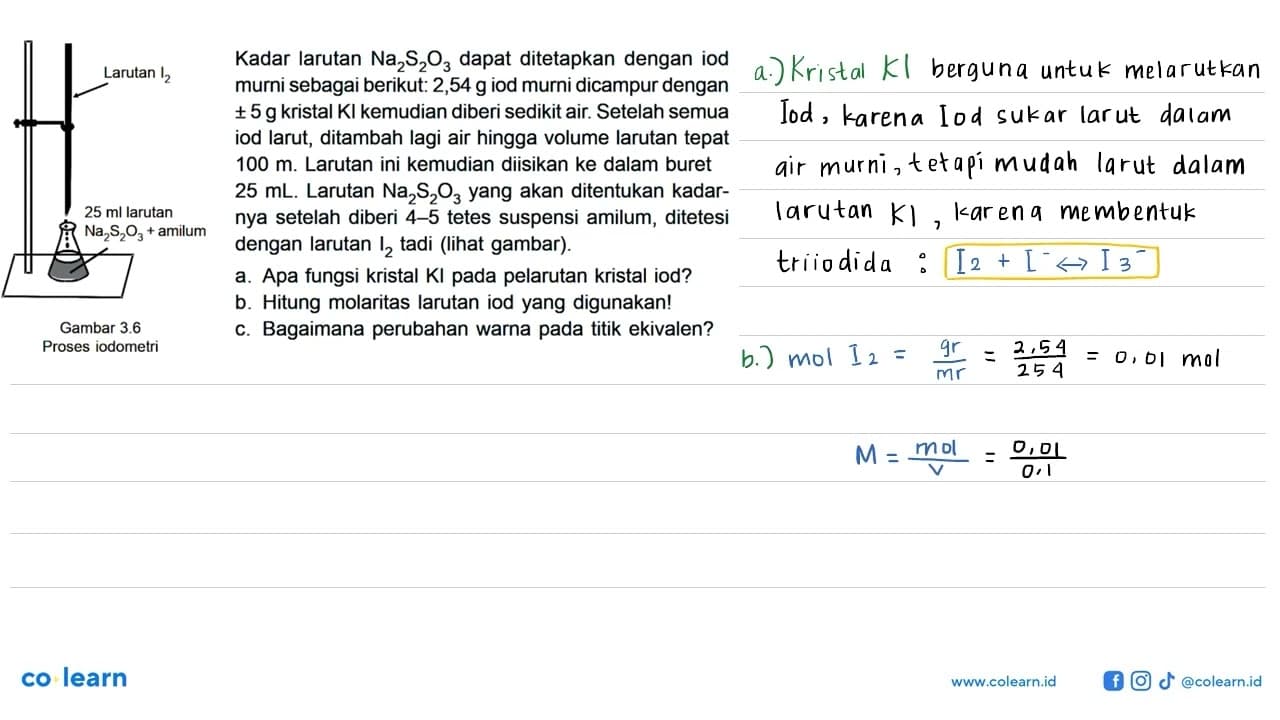 Kadar larutan Na2S2O3 dapat ditetapkan dengan iod murni