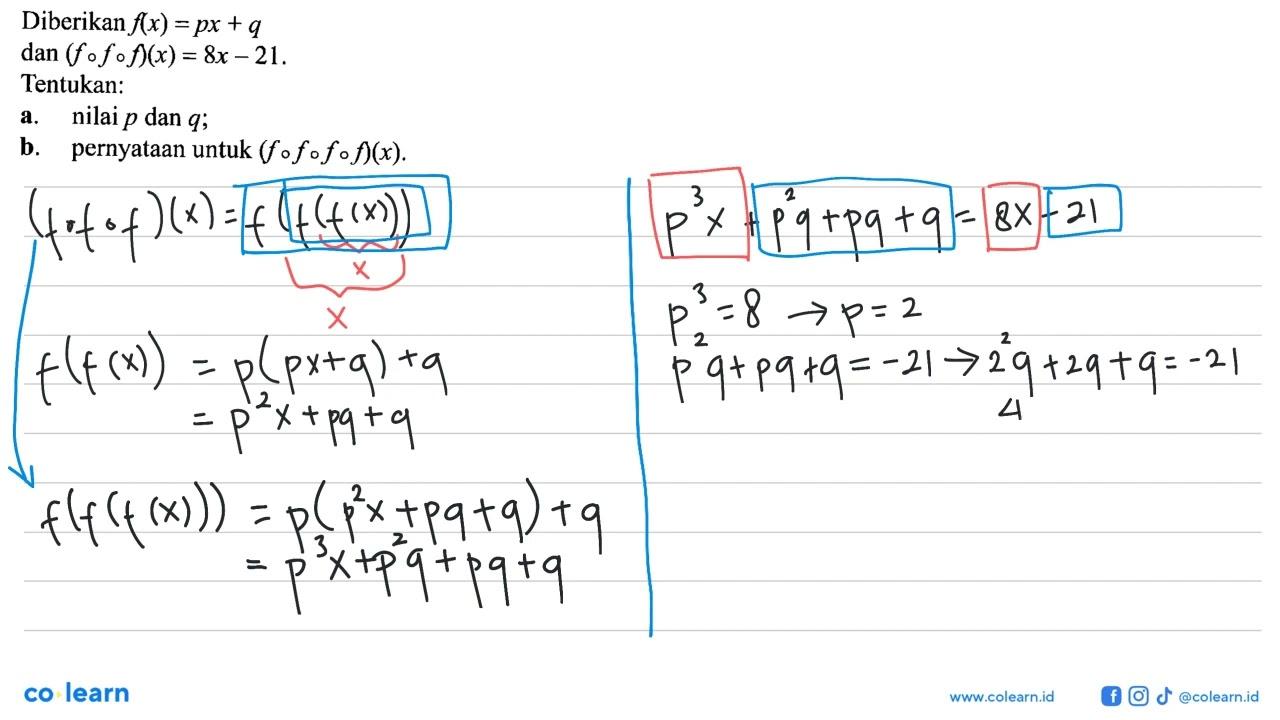 Diberikan f(x)=px+q dan (fofof)(x)=8x-21. Tentukan: a.