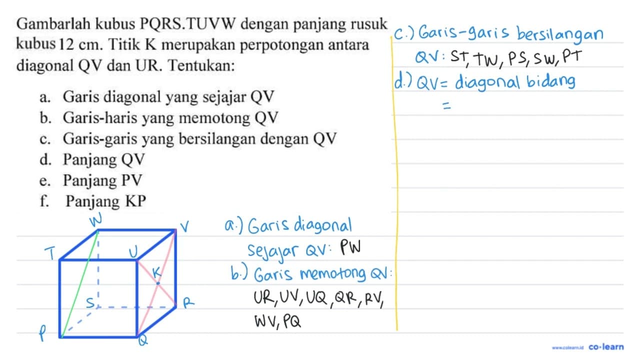 Gambarlah kubus PQRS.TUVW dengan panjang rusuk balok 12 cm