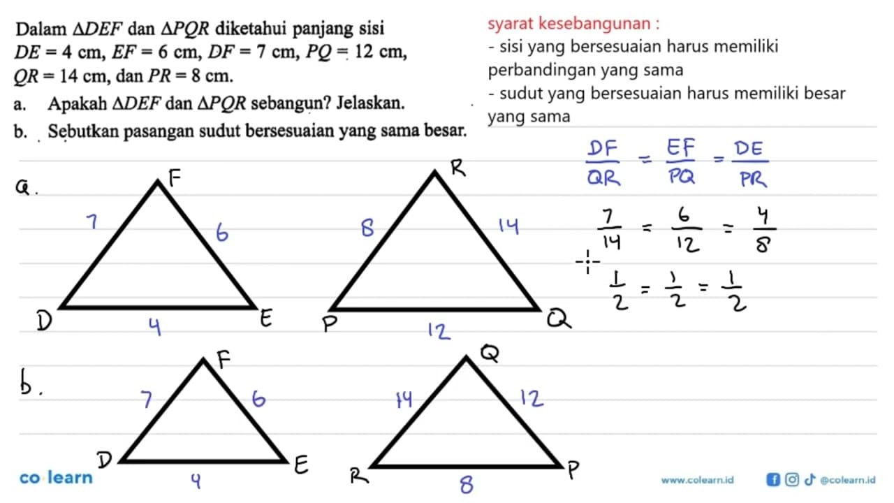 Dalam segitiga DEF dan segitiga PQR diketahui panjang sisi