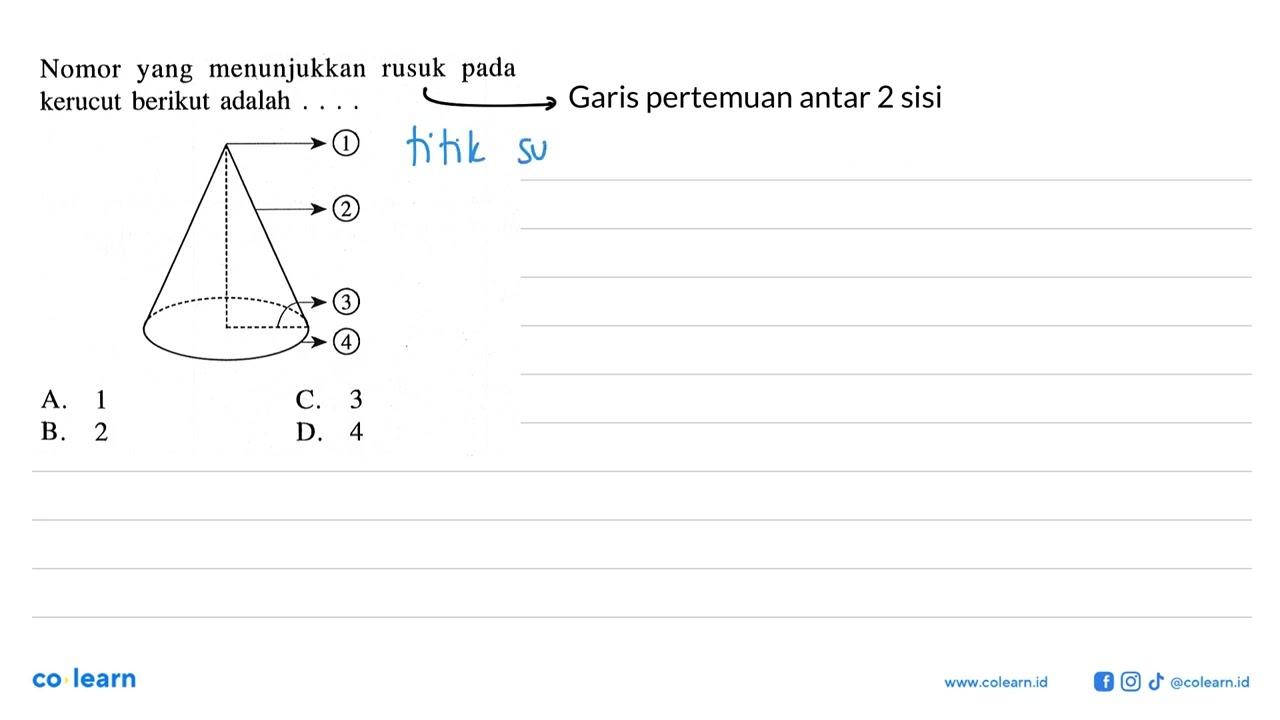 Nomor yang menunjukkan rusuk pada kerucut berikut adalah...