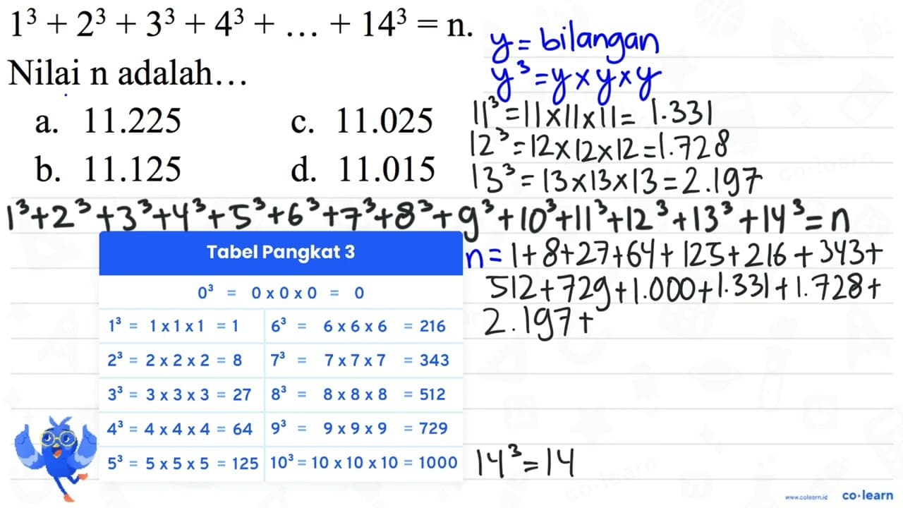 1^(3)+2^(3)+3^(3)+4^(3)+...+14^(3)=n Nilai n adalah... a.