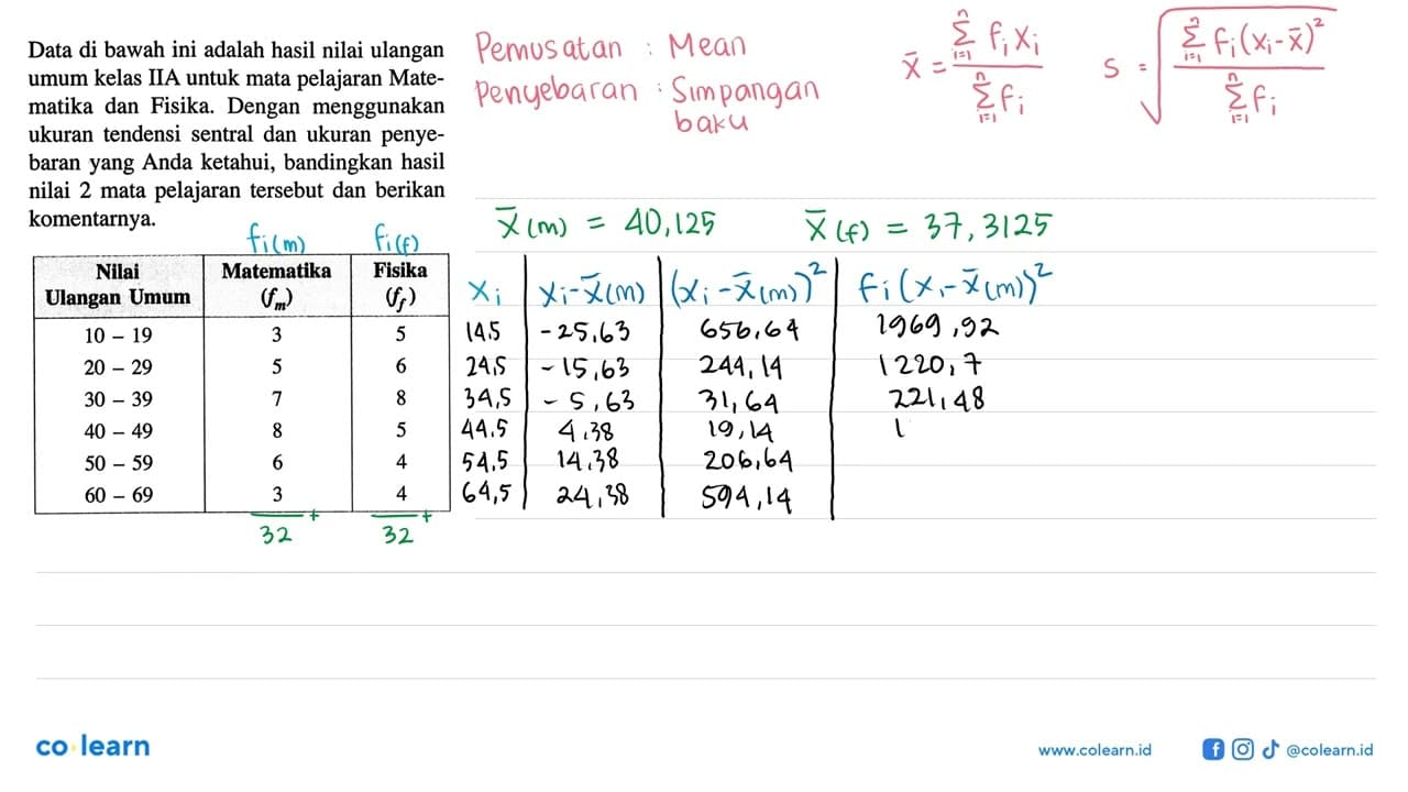 Data di bawah ini adalah hasil nilai ulangan umum kelas IIA