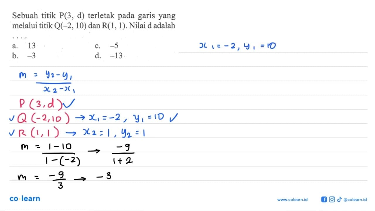 Sebuah titik P(3, d) terletak pada garis yang melalui titkk