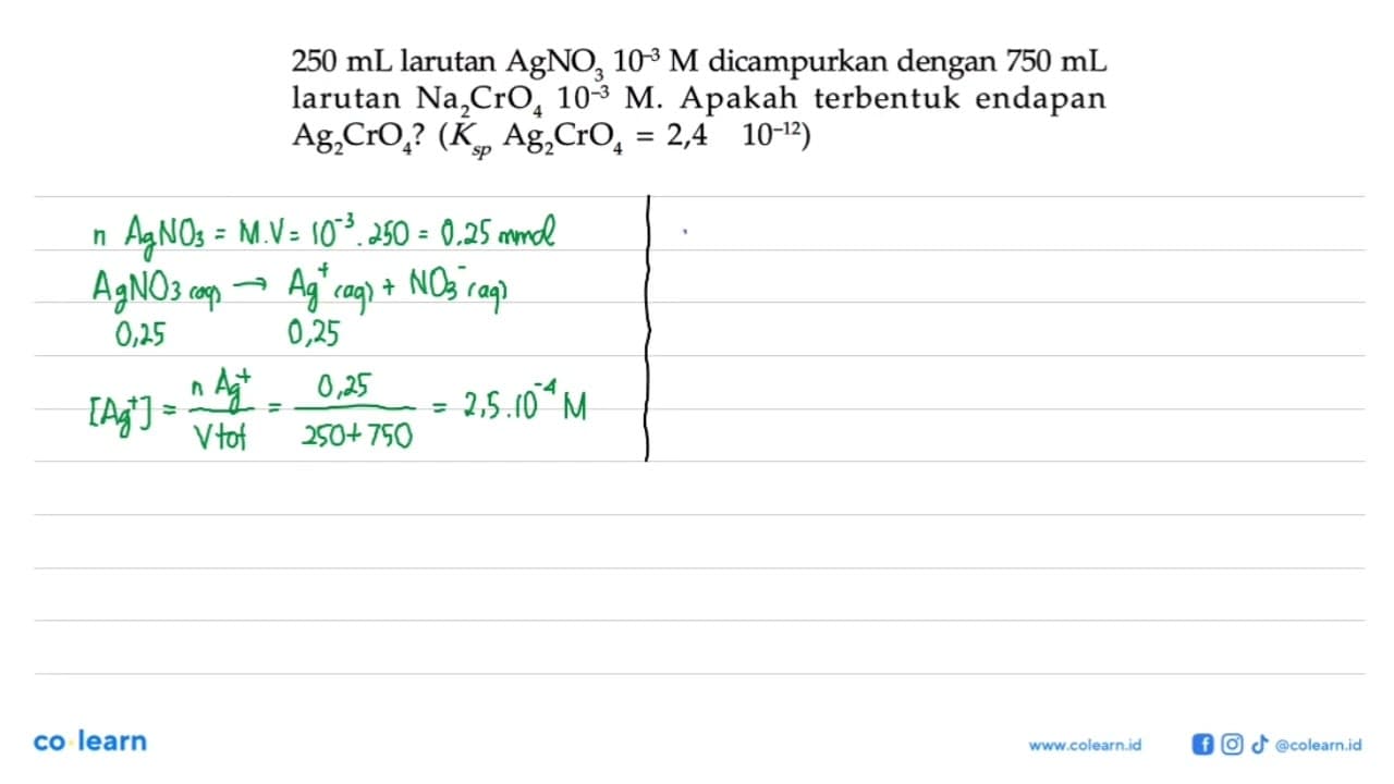 250 mL larutan AgNO3 10^(-3) M dicampurkan dengan 750 mL