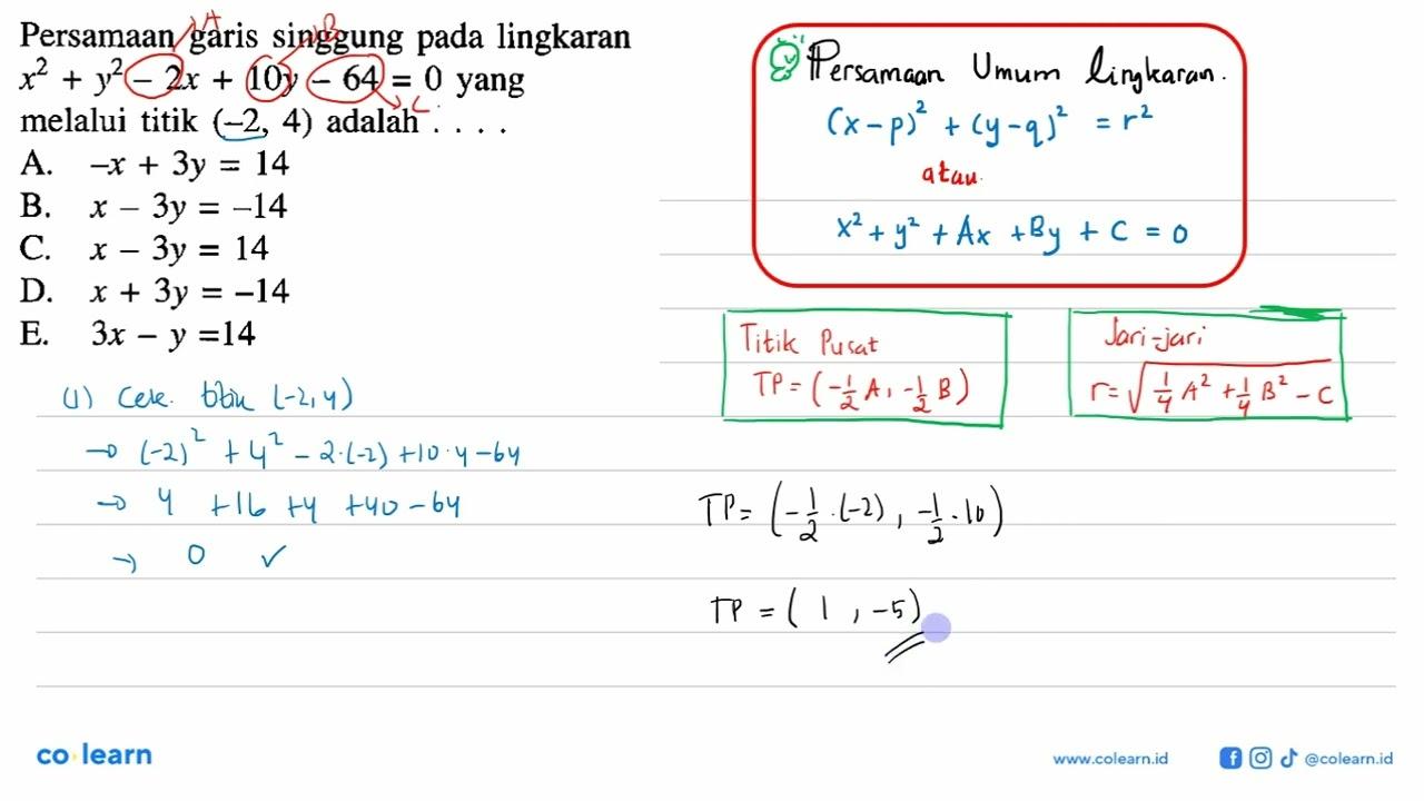 Persamaan garis singgung pada lingkaran x^2+y^2-2x+10y-64=0