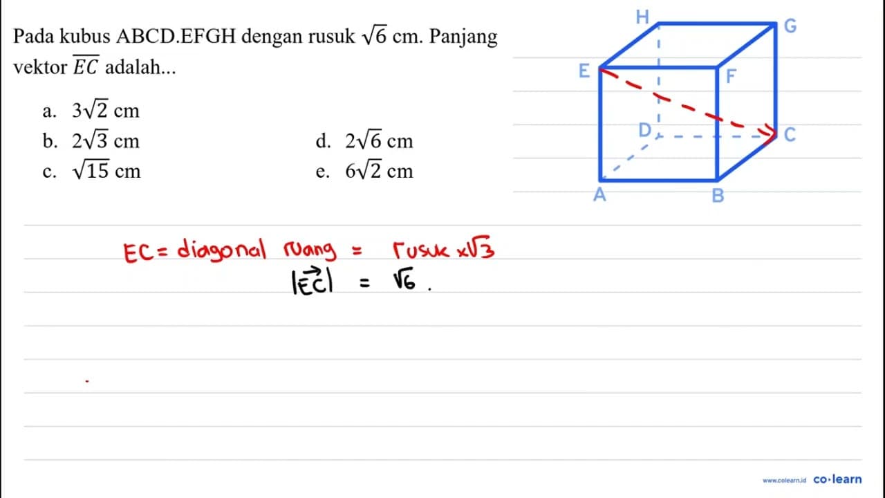 Pada kubus ABCD.EFGH dengan rusuk akar(6) cm . Panjang