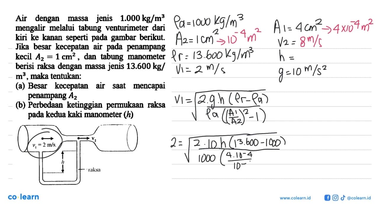 Air dengan massa jenis 1.000 kg/m^3 mengalir melalui tabung