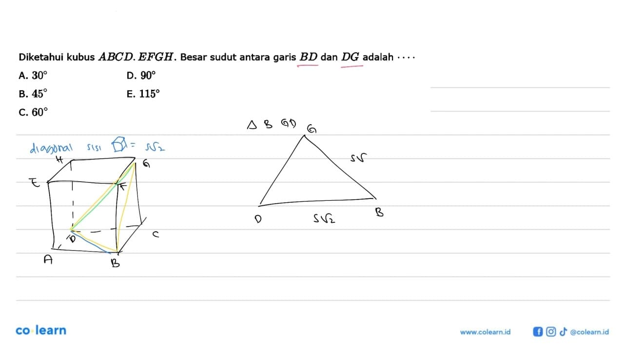 Diketahui kubus ABCD. EFGH. Besar sudut antara garis BD dan