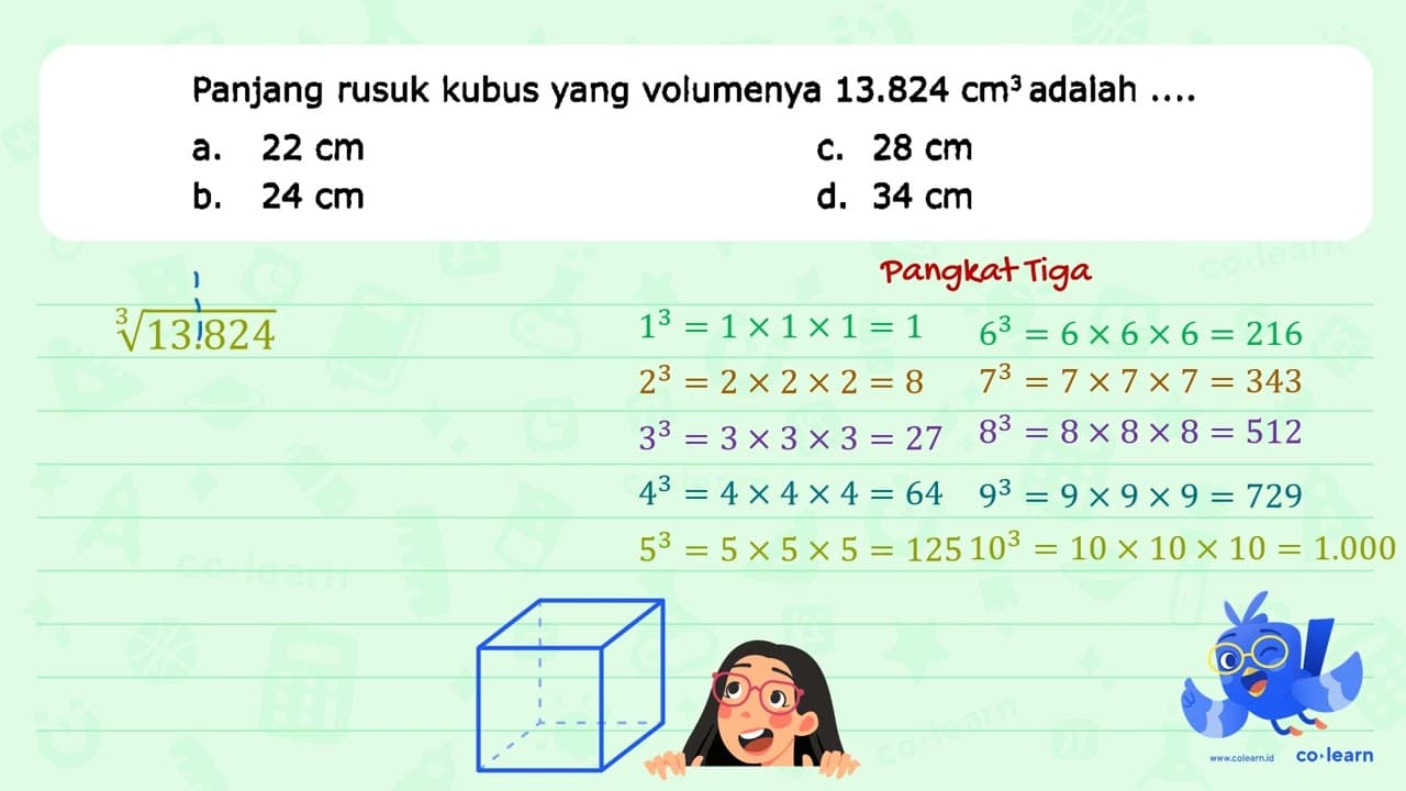 Panjang rusuk kubus yang volumenya 13.824 cm^3 adalah ....