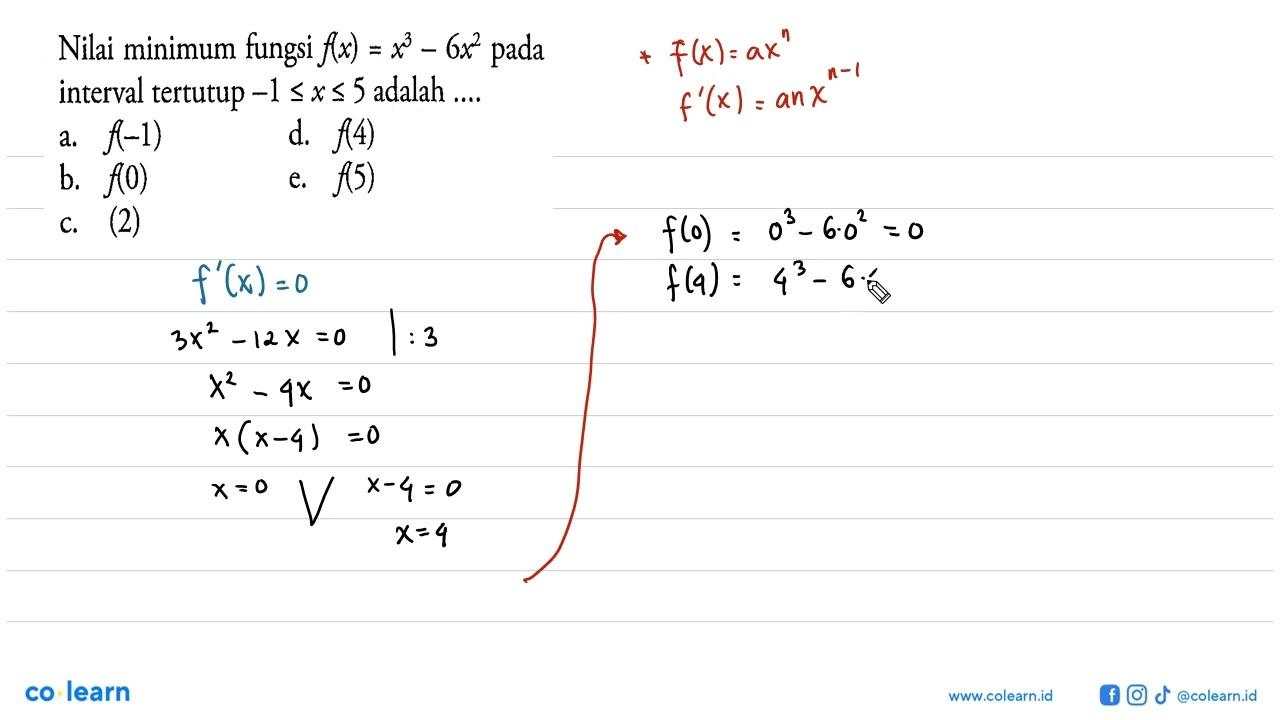 Nilai minimum fungsi f(x)=x^3-6x^2 pada interval tertutup