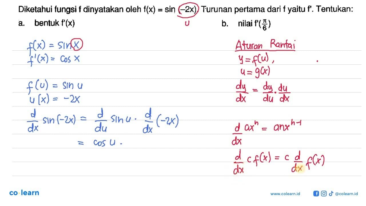 Diketahui fungsi f dinyatakan oleh f(x)=sin(-2x). Turunan