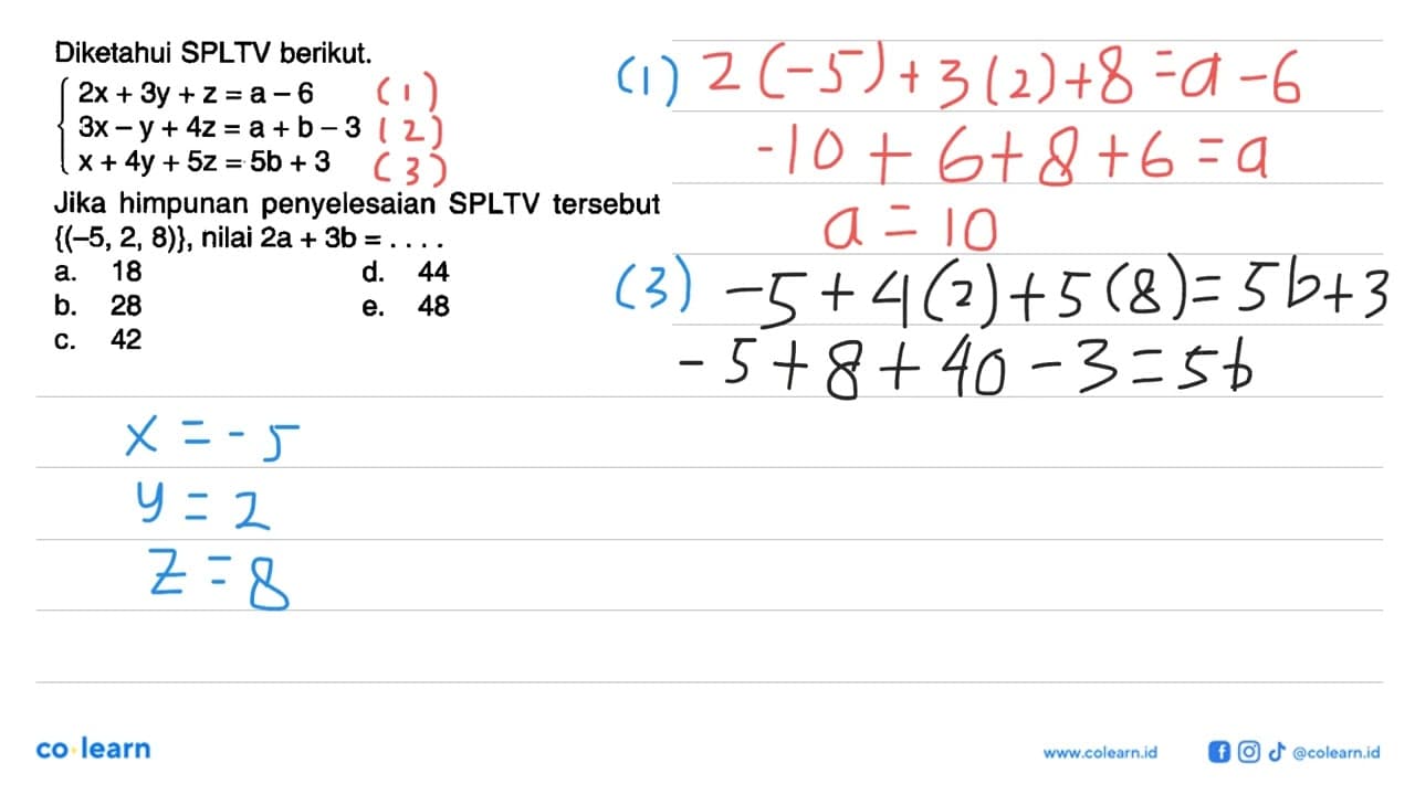 Diketahui SPLTV berikut. 2x+3y+z=a-6 3x-y+4z=a+b-3 x+4y+5z=