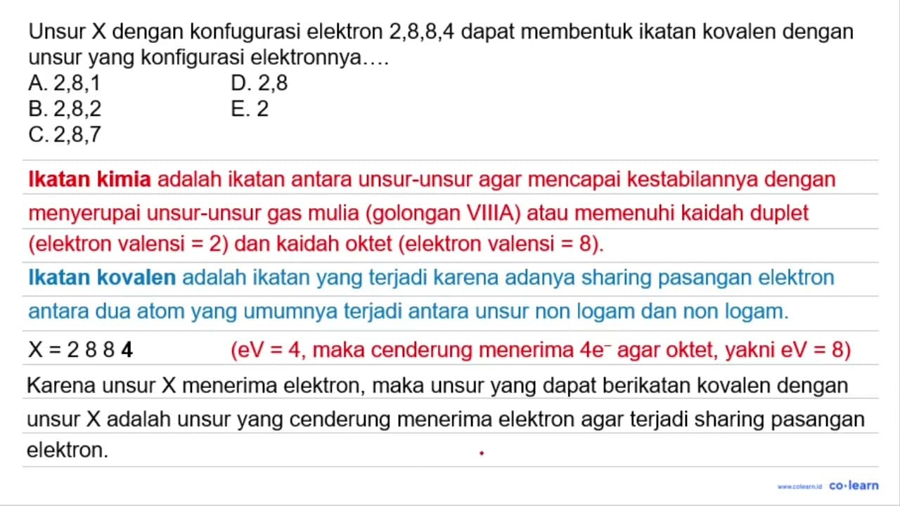 Unsur X dengan konfigurasi elektron 2,8,8,4 dapat membentuk