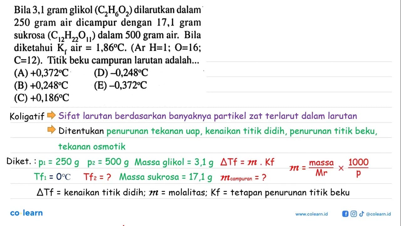 Bila 3,1 gram glikol (C2H6O2) dilarutkan dalam 250 gram air