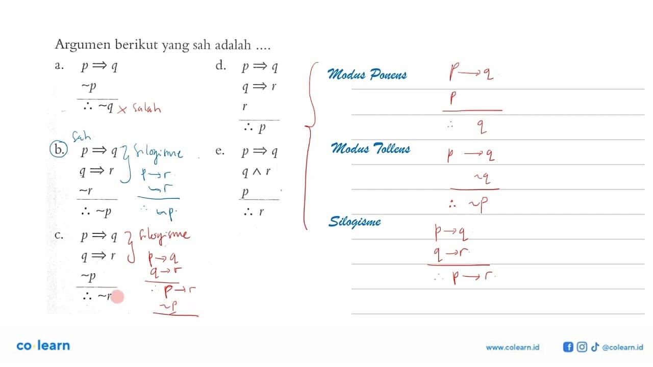 Argumen berikut yang sah adalah ....a. p=>q ~p jadi ~q b.