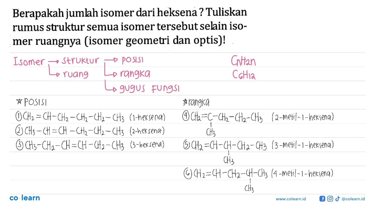 Berapakah jumlah isomer dari heksena? Tuliskan rumus