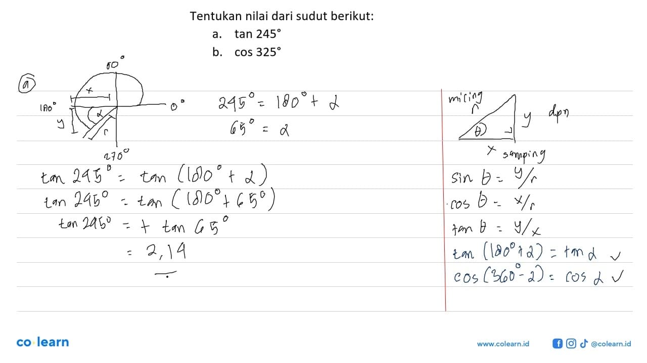 Tentukan nilai dari sudut berikut: a. tan 245 b. cos 325