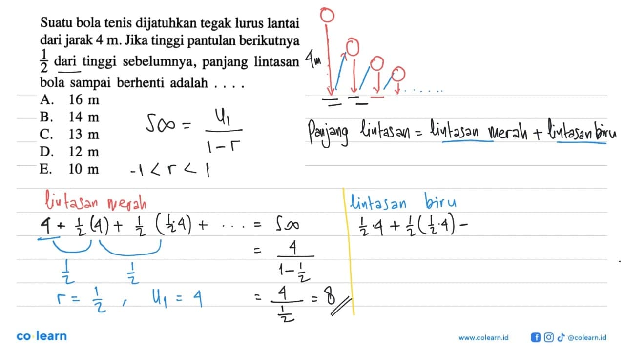 Suatu bola tenis dijatuhkan tegak lurus lantai dari jarak 4