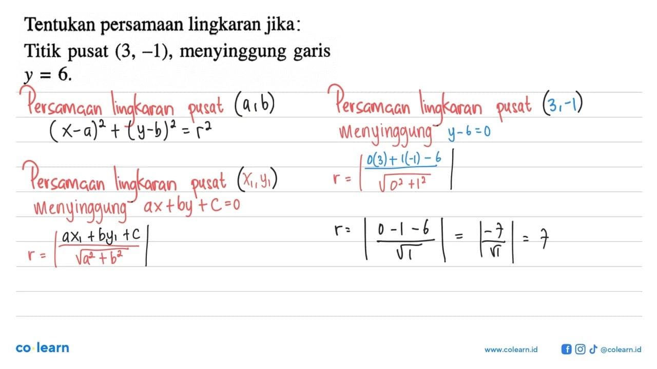 Tentukan persamaan lingkaran jika:Titik pusat (3,-1),