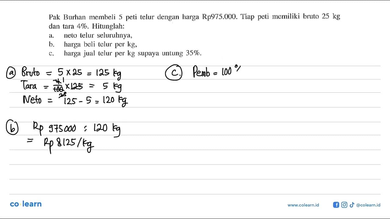 Pak Burhan membeli 5 peti telur dengan harga Rp975.000.