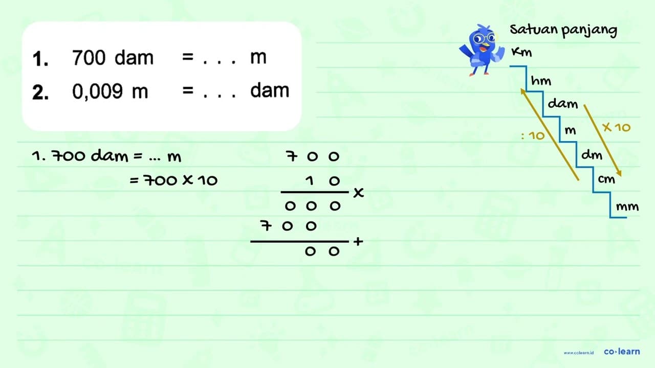 1. 700 dam = ... m 2. 0,009 m = ... dam