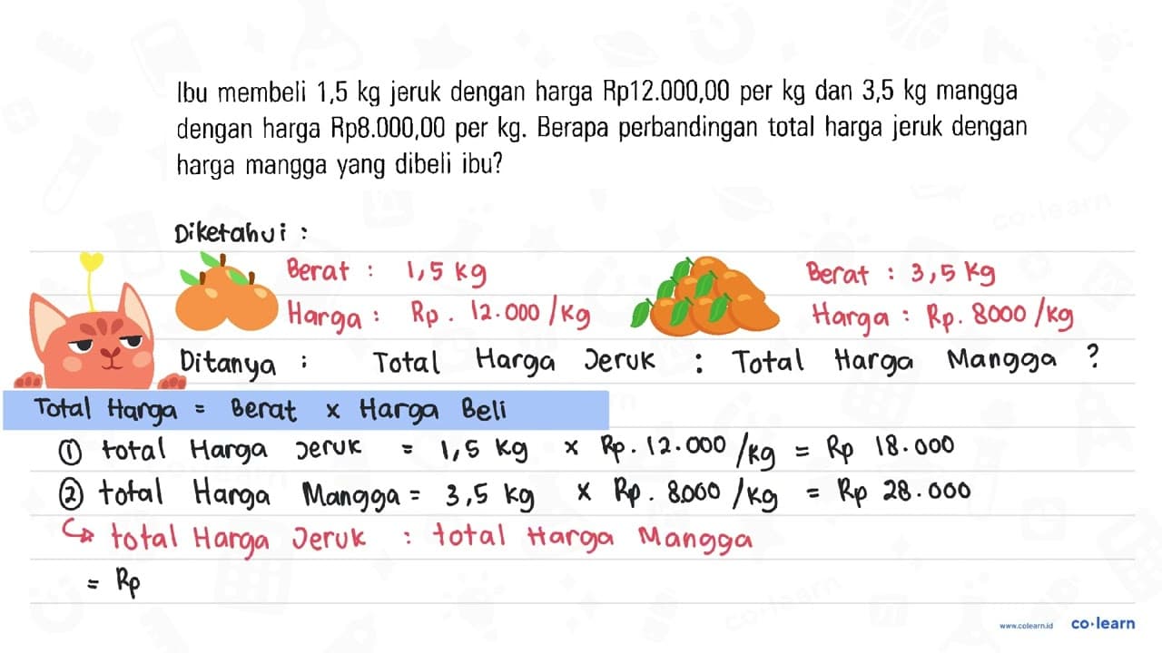 Ibu membeli 1,5 kg jeruk dengan harga Rp12.000,00 per kg