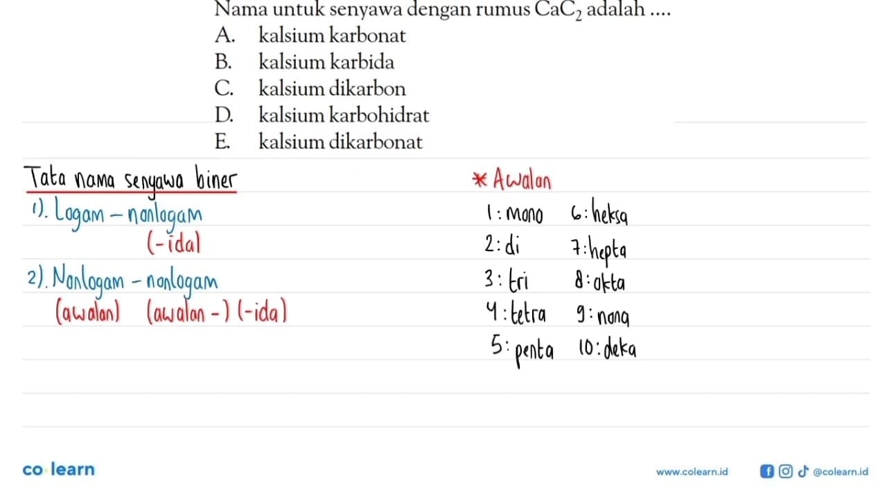 Nama untuk senyawa dengan rumus CaC2 adalah ....