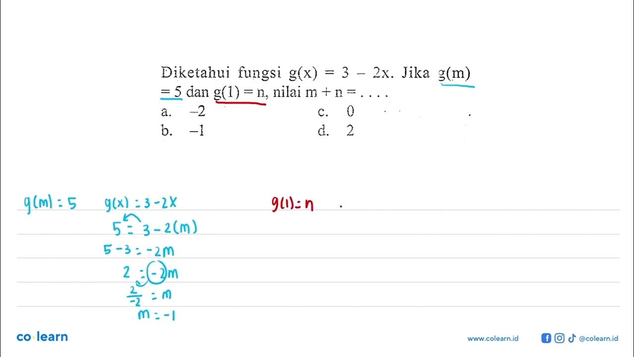 Diketahui fungsi g(x) = 3 - 2x. Jika g(m) = 5 dan g(1) = n,