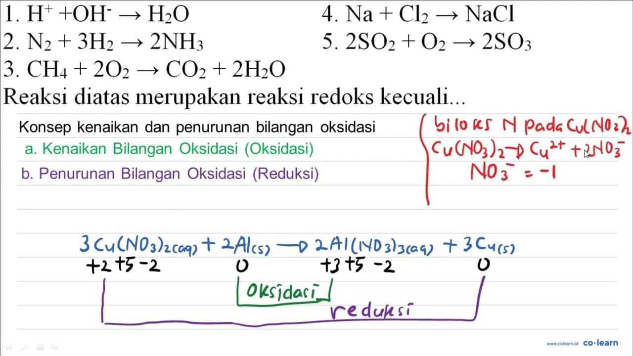 { 1. ) H^(+)+OH^(-) -> H_(2) O { 4. ) Na+Cl_(2) -> NaCl {