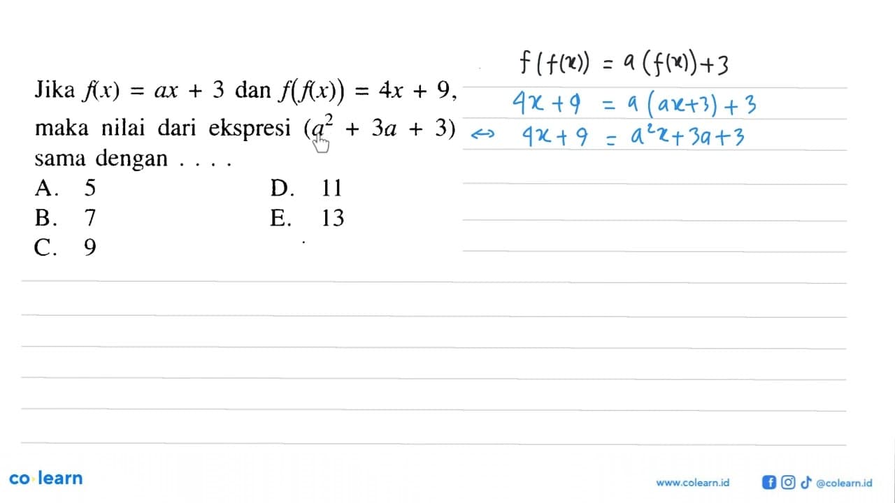 Jika f(x)=ax+3 dan f(f(x))=4x+9 maka nilai dari ekspresi