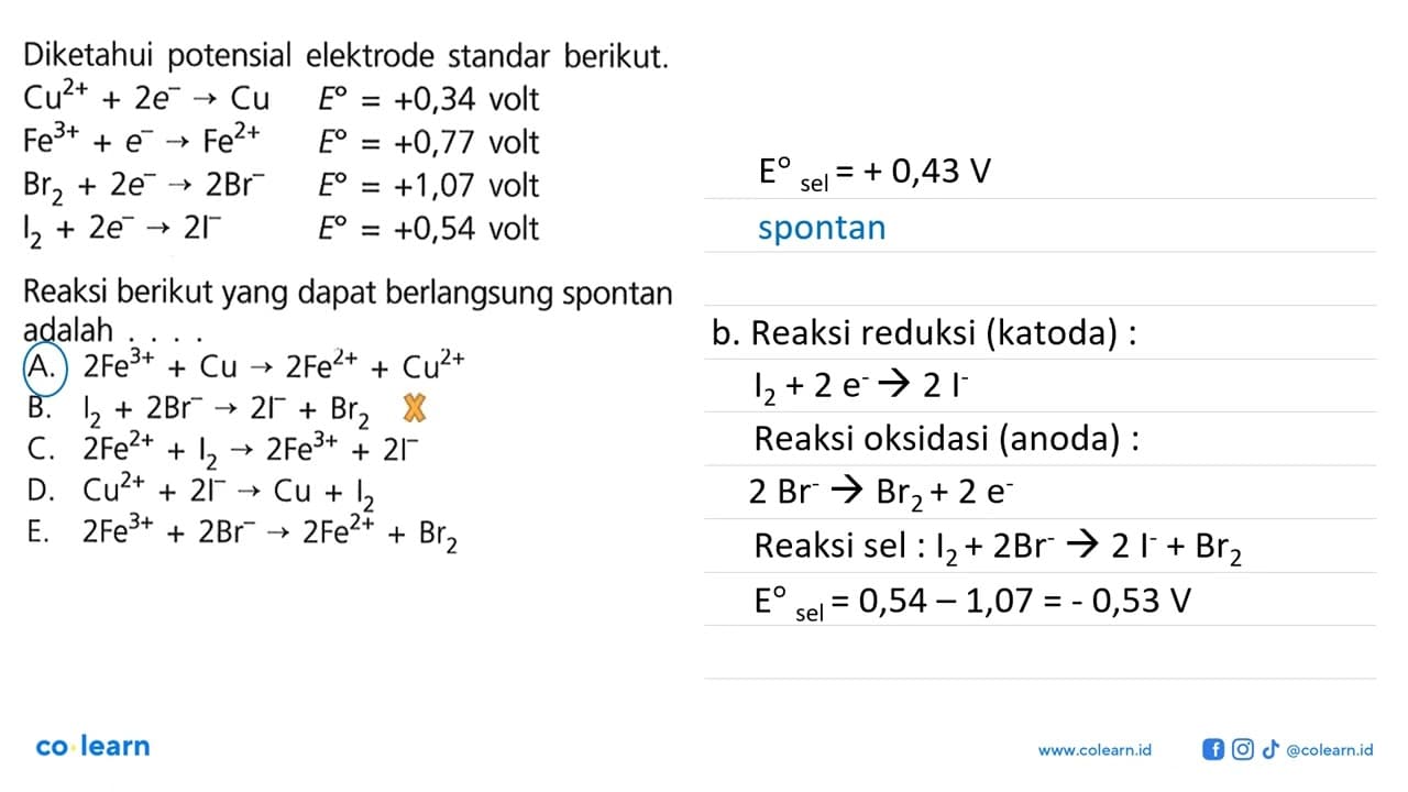 Diketahui potensial elektrode standar berikut. Cu^(2+) + 2