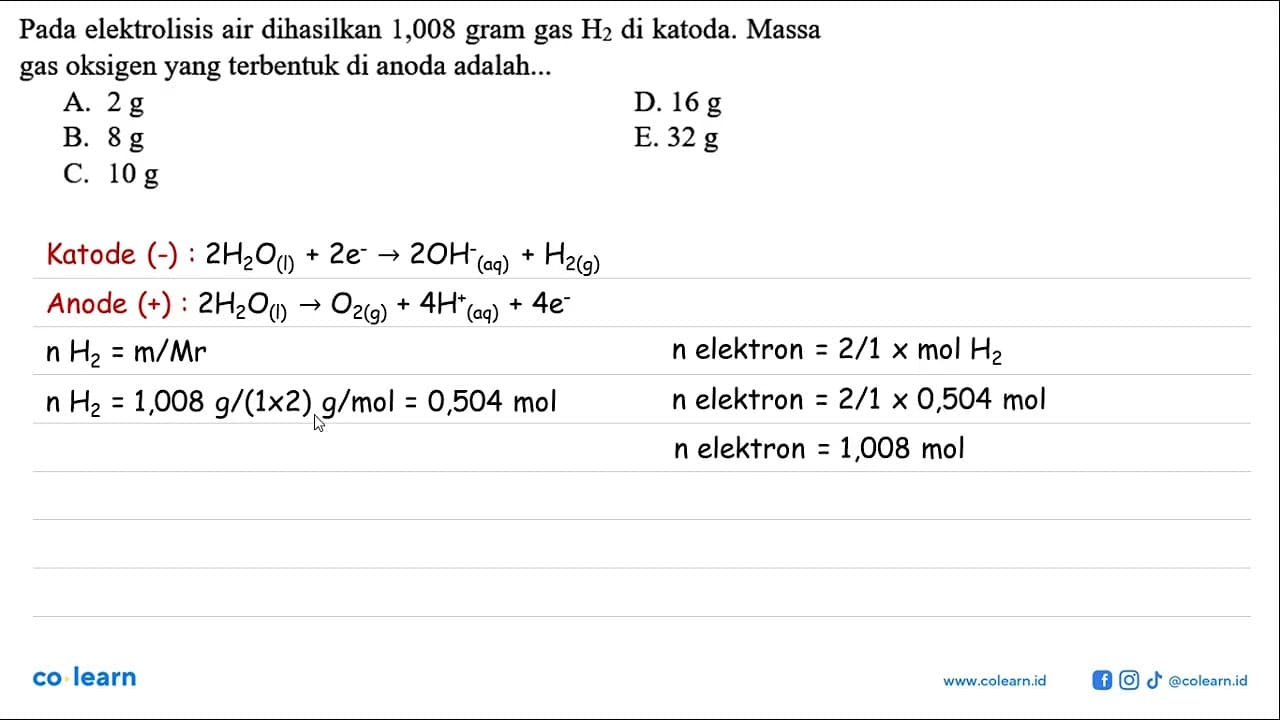 Pada elektrolisis air dihasilkan 1,008 gram gas H2 di