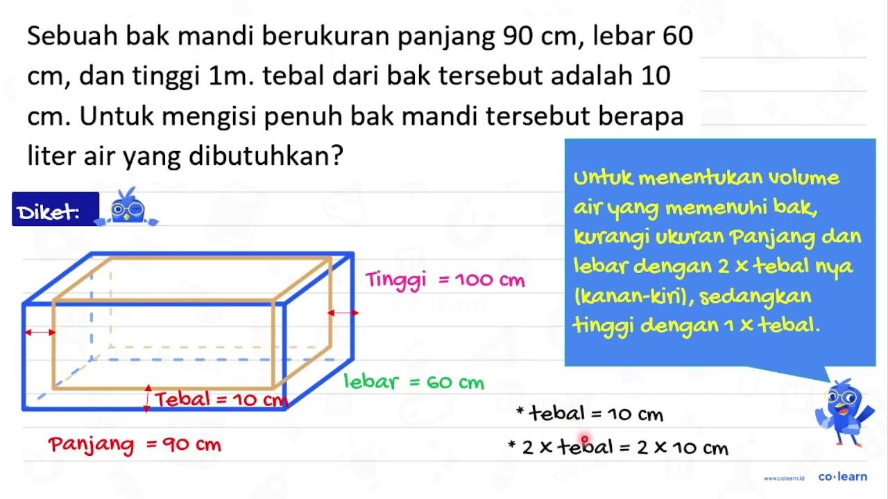 Sebuah bak mandi berukuran panjang 90 cm , lebar 60 cm ,